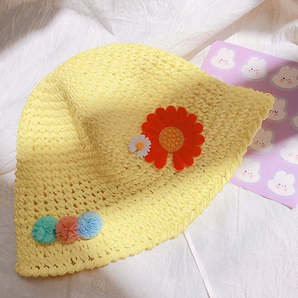 

2020 New Color Daisy Flower Handmade Straw Hat Foldable Sun Hat Summer Bucket Beach Cap for Baby Girl