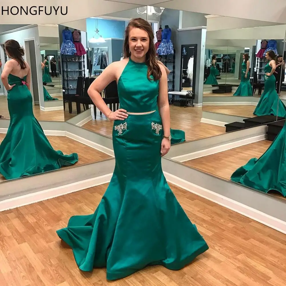 

HONGFUYU Satin Two Pieces Mermaid Evening Dresses Halter Sleeveless vestidos de fiesta de noche Women's Prom Dress with Pockets