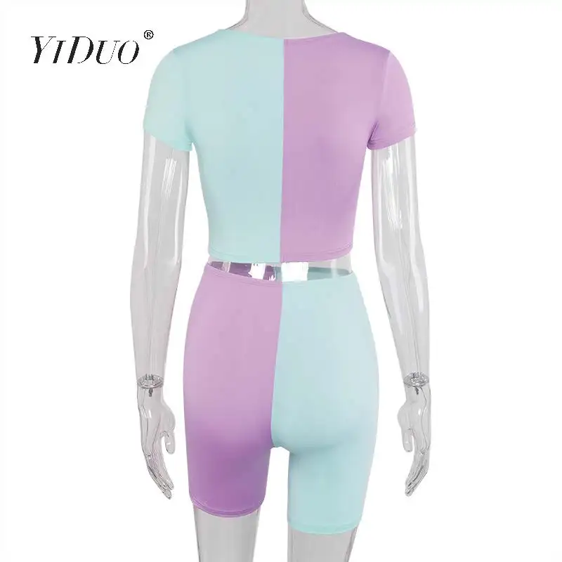 

YiDuo Fashion Contrast Color Patchwork Crop Tops And Biker Shorts Two Piece Set For Women Summer Outfits Streetwear 2020 Outfits