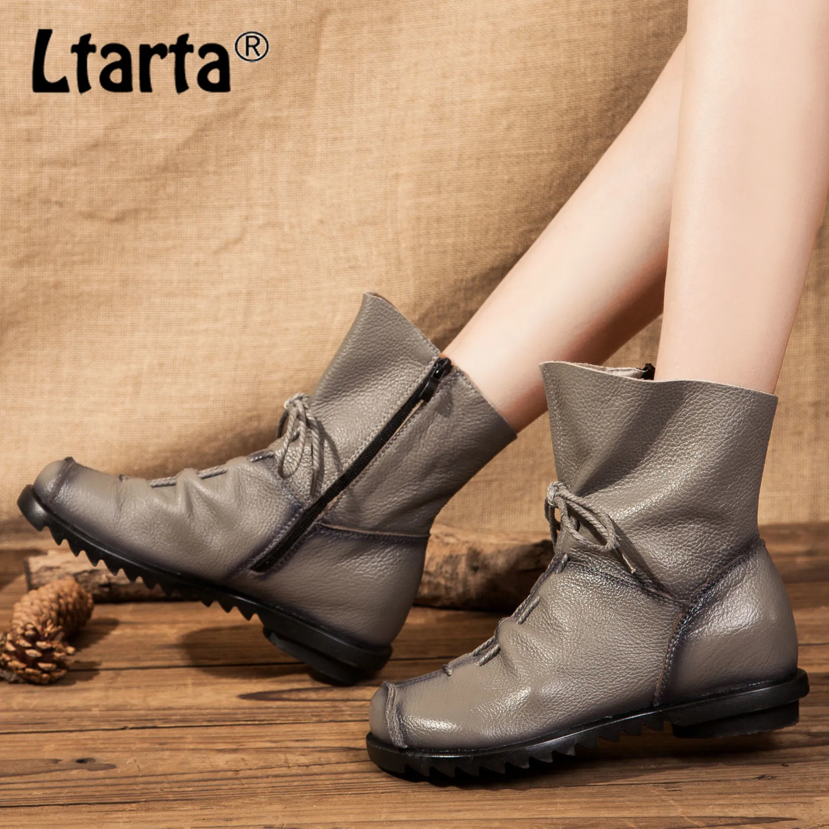 LTARTA зимние женские ботинки ручной работы из натуральной кожи западные женская
