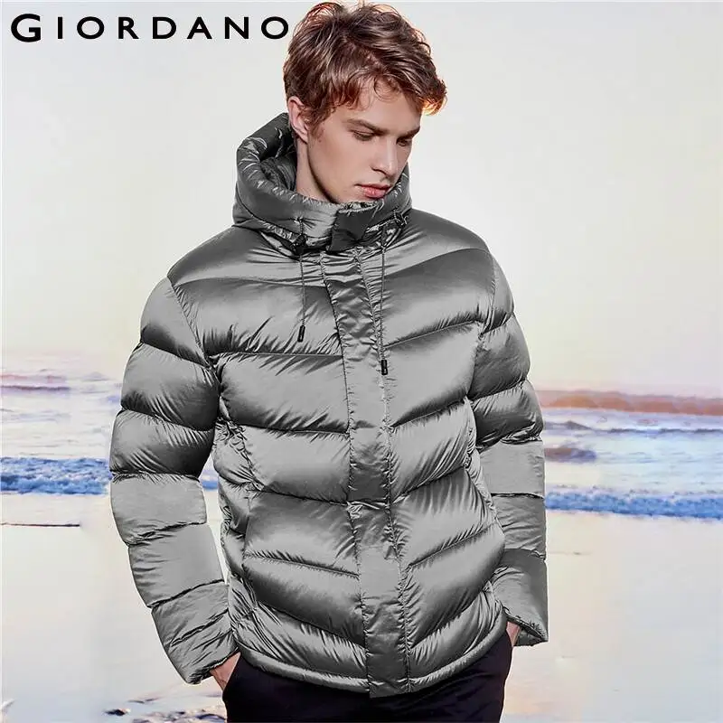 Мужской пуховик с капюшоном Giordano белая тефлоновая куртка 90% пуха машинная стирка