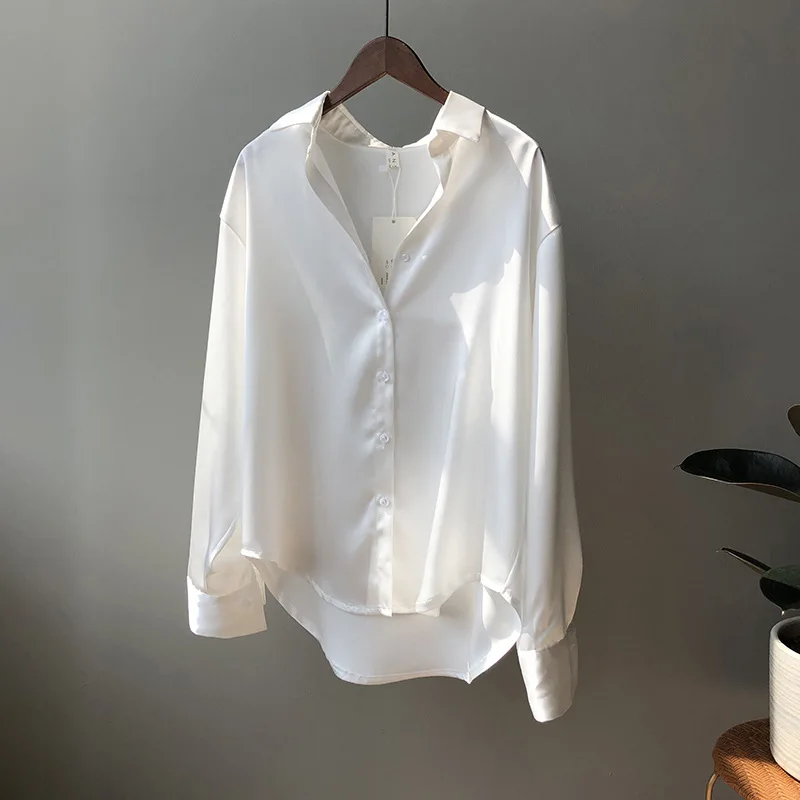 

CYJR Autumn Fashion Button Up Satin Silk Shirt Vintage Blouse Women White Lady Long Sleeves Female Loose Street Shirts