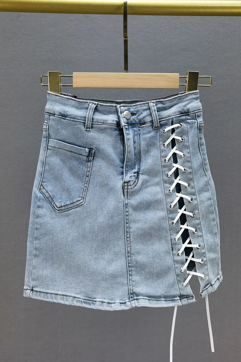 

Light Blue Denim Skirt Shorts 2021 Summer Stretchy High Waist Slim Split Lace-up Skirt Fashion Streetwear Short Jean Hip Skirt