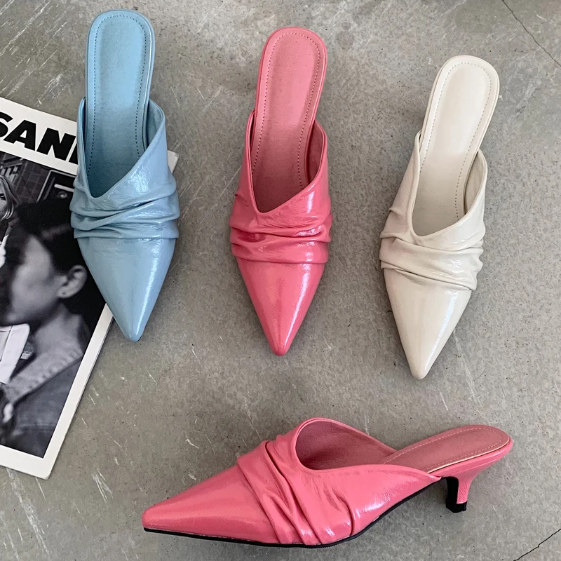 

2021 Women Slippers Fashion Thin Low Heels Sandals Slippers Shoes Woman Pleated Slip On Mules Heel Slides Female Casual Slippers