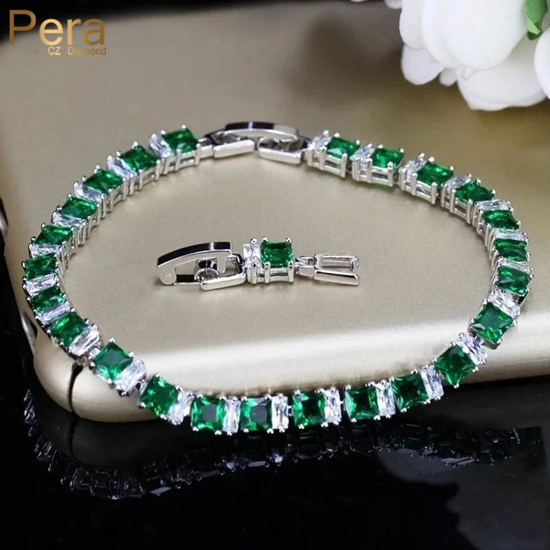 Pera 8 Color Options Square Created Green CZ Crystal Tennis Bangles Bracelets for Ladies Silver Color Women Wedding Jewelry B023