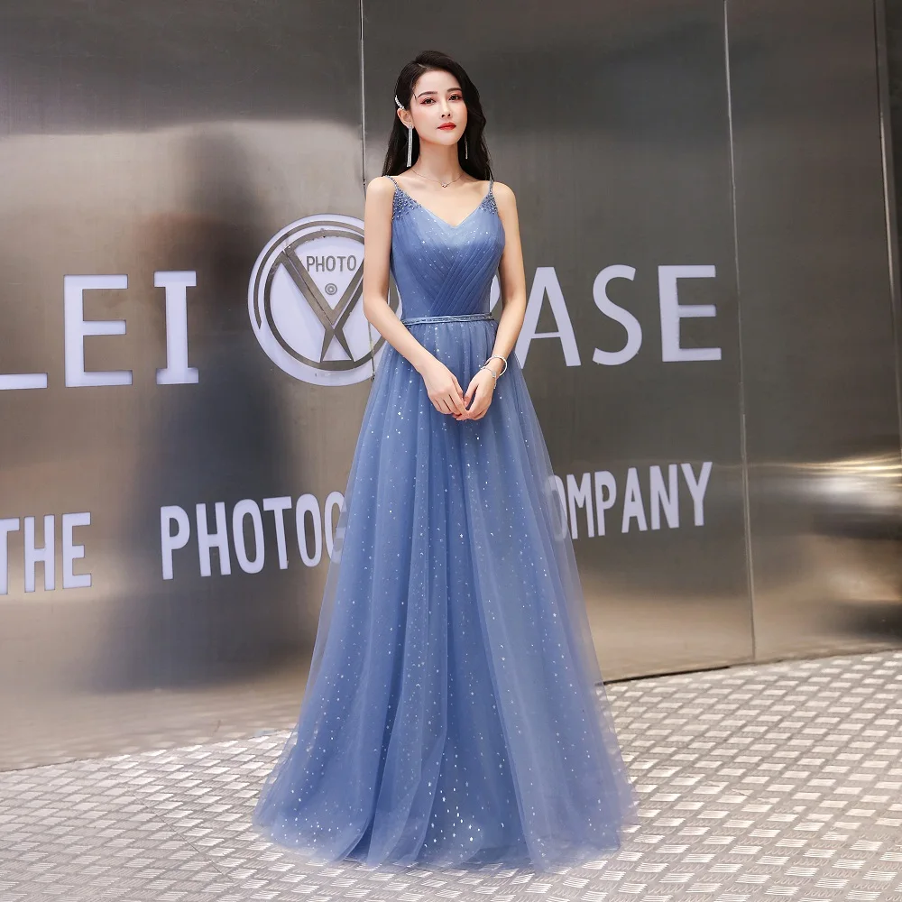 

Blue long celebrity dresses A-line Spaghetti Strap V neck Top tulle Beads Zipper Back Formal evening party gowns Real Video
