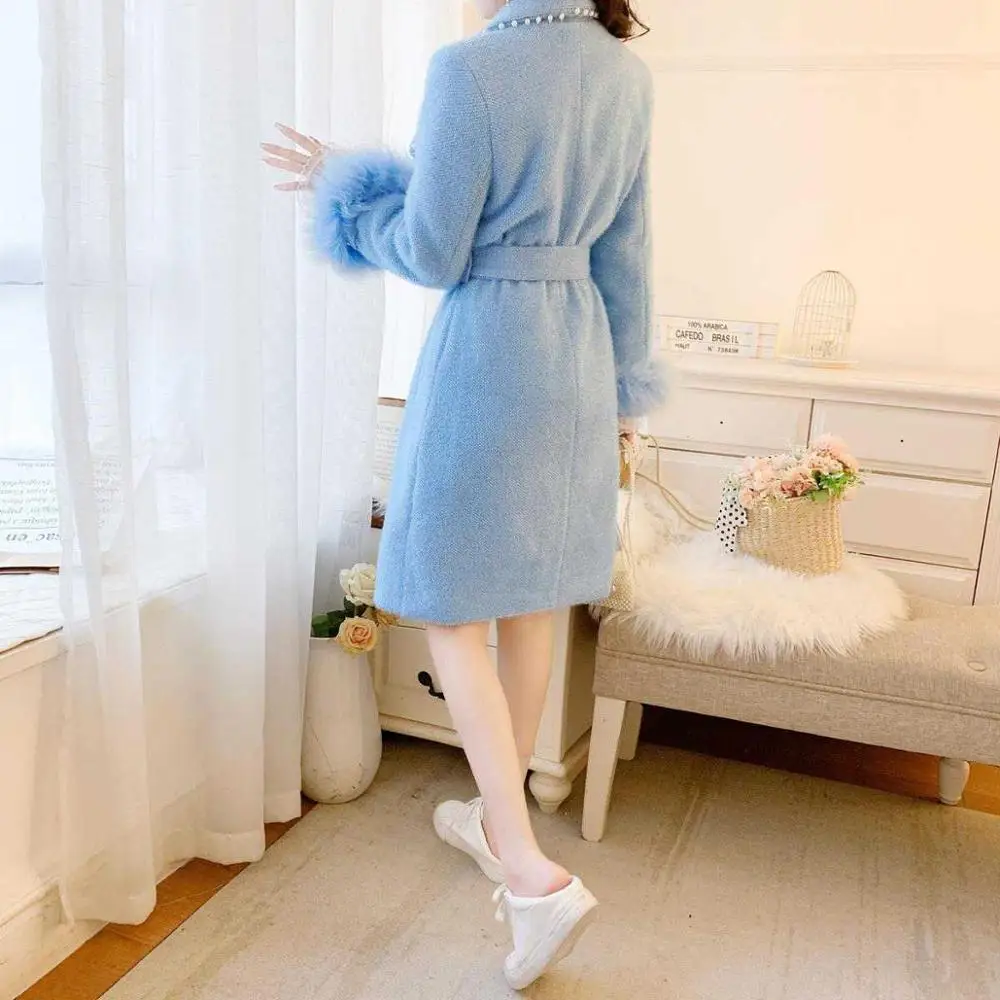 

Women Woolen Coat Long Trench Coat Female Blends Coat Fashion Autumn and Winter Woolen Coat Women' Beaded Elegant Outerwear