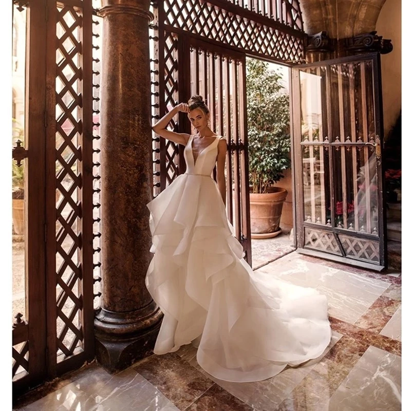 new collection simple fairy sleeveless princess ruched skirt wedding gown deep V cut neckline ball gown wedding dresses