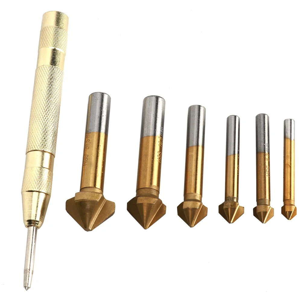 

6PCs Chamfer Drill Bit Woodworking Tool Anti-Rust Ti-Plating with 130mm Center Punch