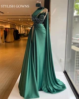 green one shoulder evening dress beaded crystal birthday party dresses feathers high slit prom gowns pleats vestidos elegantes
