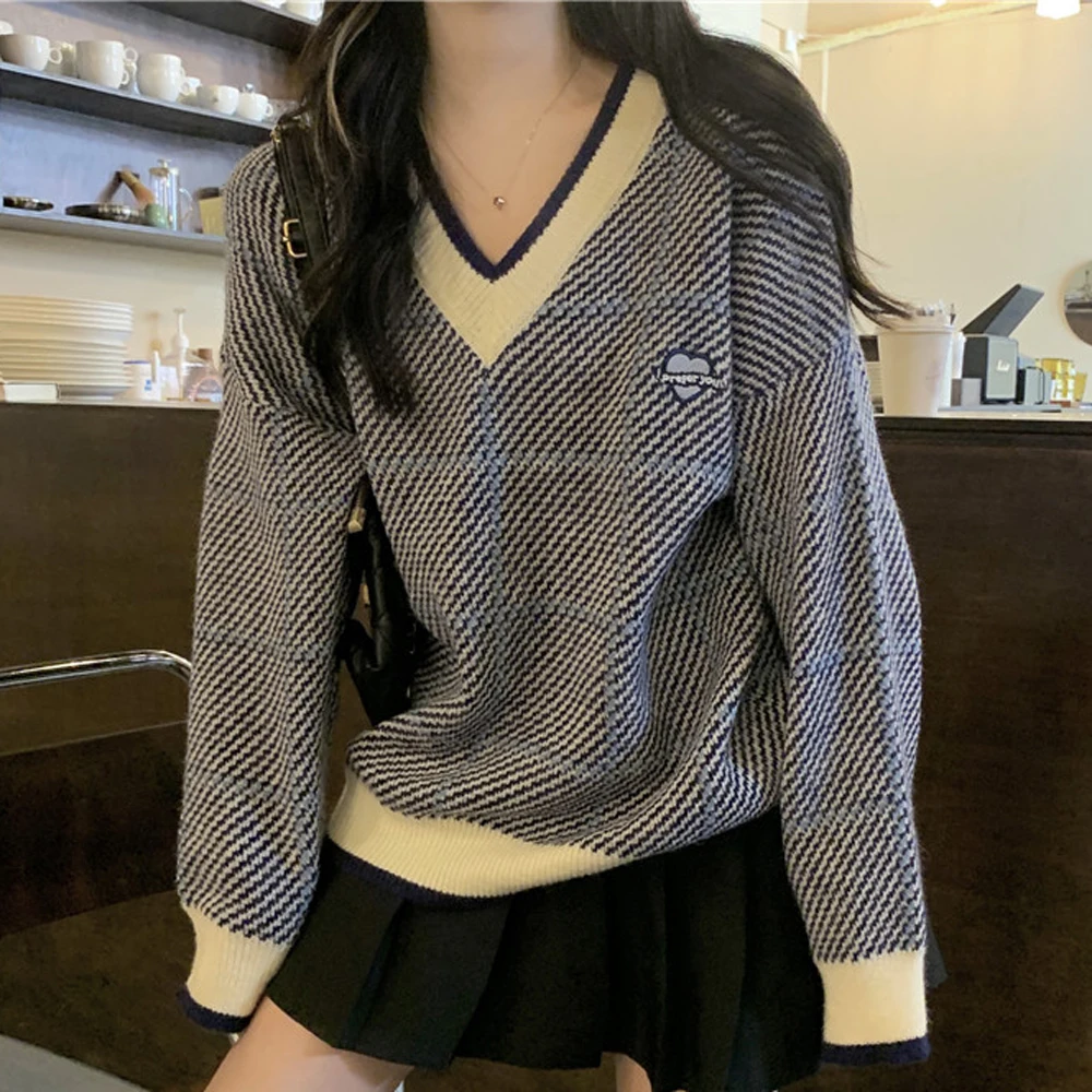 

DIMI Winter Loose Long Sweaters Streetwear Casual Plaid Knitwear V Neck Sweater Oversize Y2K Pullovers Women Autumn