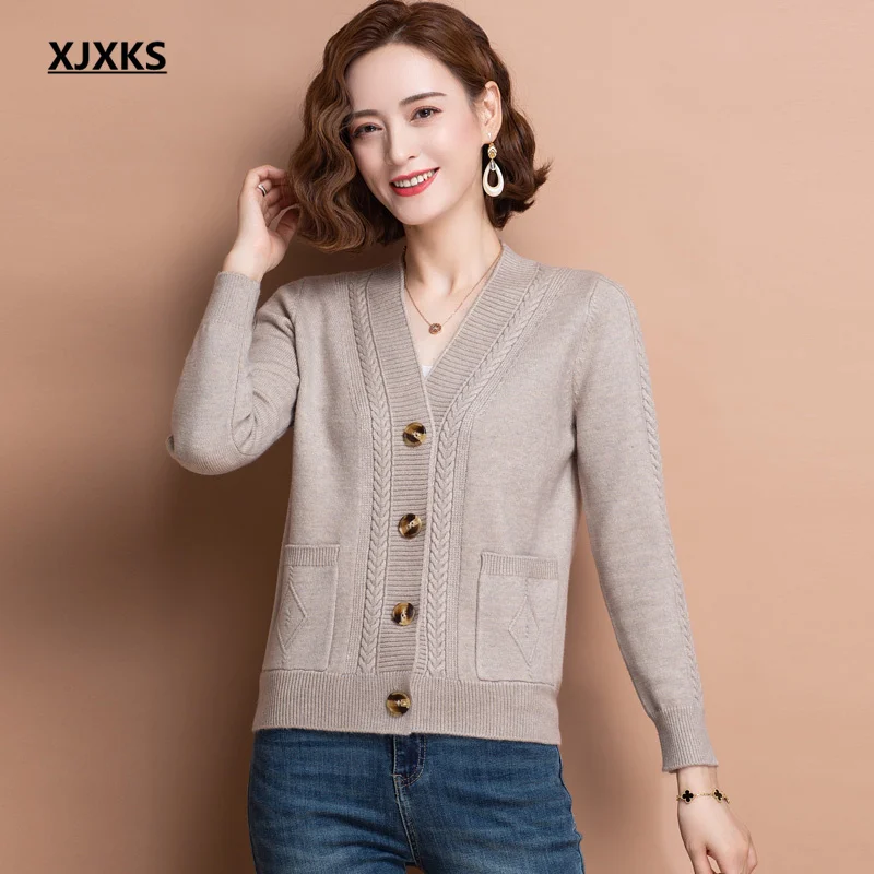 

XJXKS Autumn 2021 new fashion V-neck single-breasted cardigan women sweater high-quality cashmere knitted sweater women coat