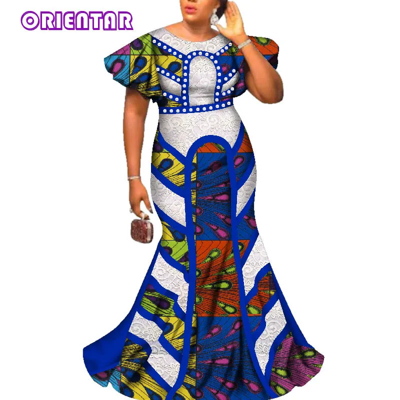 Elegant Lady African Print Maxi Dresses Women Bazin Riche Lace O-neck Dashiki African Traditional Dress Robe Africaine WY2586