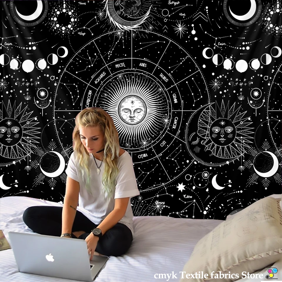 

Weib Schwarz Sonne Mond Mandala Starry Sky Wandteppich Hangen Bohemian Gypsy Psychedelic Tapiz Hexerei Astrologie Tapisserie