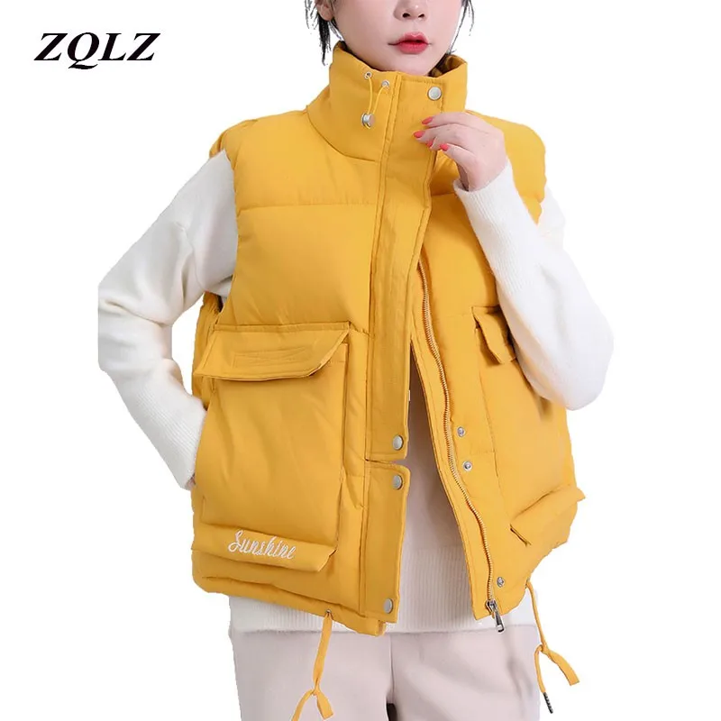 

ZQLZ женский зимний короткий жилет со стоячим воротником без рукавов, однотонная куртка для женщин с хлопковой подкладкой, толстая верхняя од...