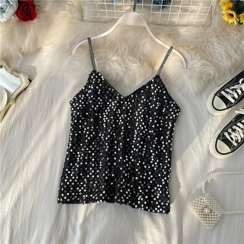 Design sparkling sequined camisole v-neck sexy sleeveless shirt women | Женская одежда