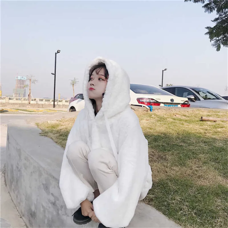 Kawaii женские толстовки белые розовые зимние свободные теплые толстовки с капюшоном Милая верхняя одежда пальто осенняя Милая толстовка с длинными рукавами для девочек