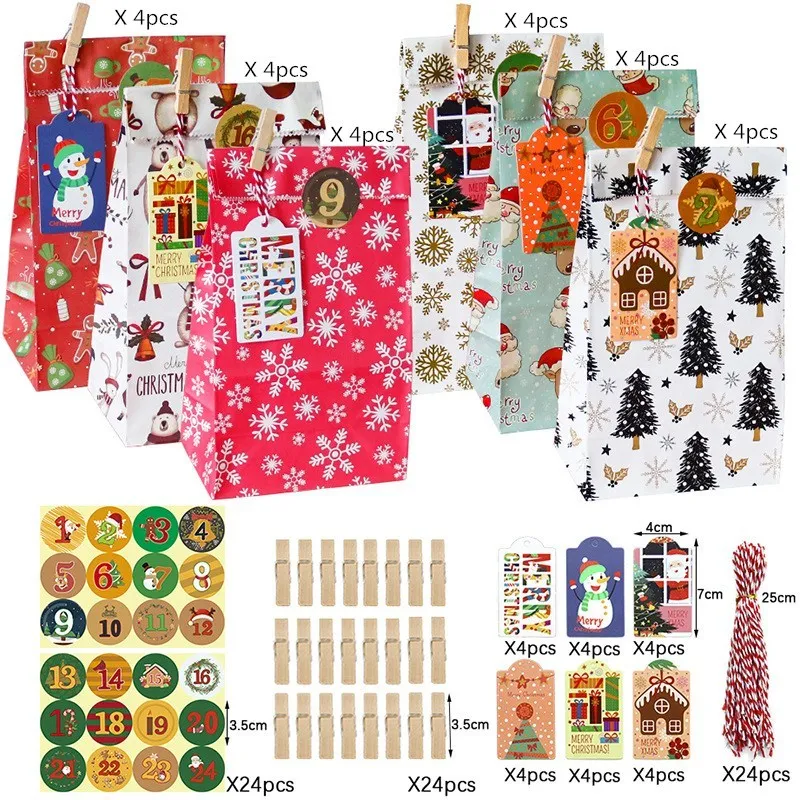 

24 Set Mix Types Kraft Paper Tag Candy Gift Bags Snowman Merry Christmas Guests Packaging Gift Boxes Christmas Party Gift Decor