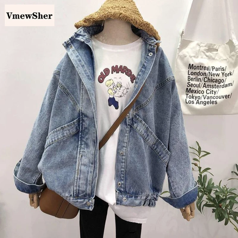 

VmewSher New Spring Autumn Women Jacket Denim Batwing Sleeve Big Pocket Female Casual Solid Jean Coat Basic Plain Loose Outwear