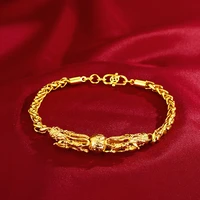 hoyon genuine 18k gold color jewelry for women wedding jewelry non fade double dragon head bead chain charms bracelet bangle