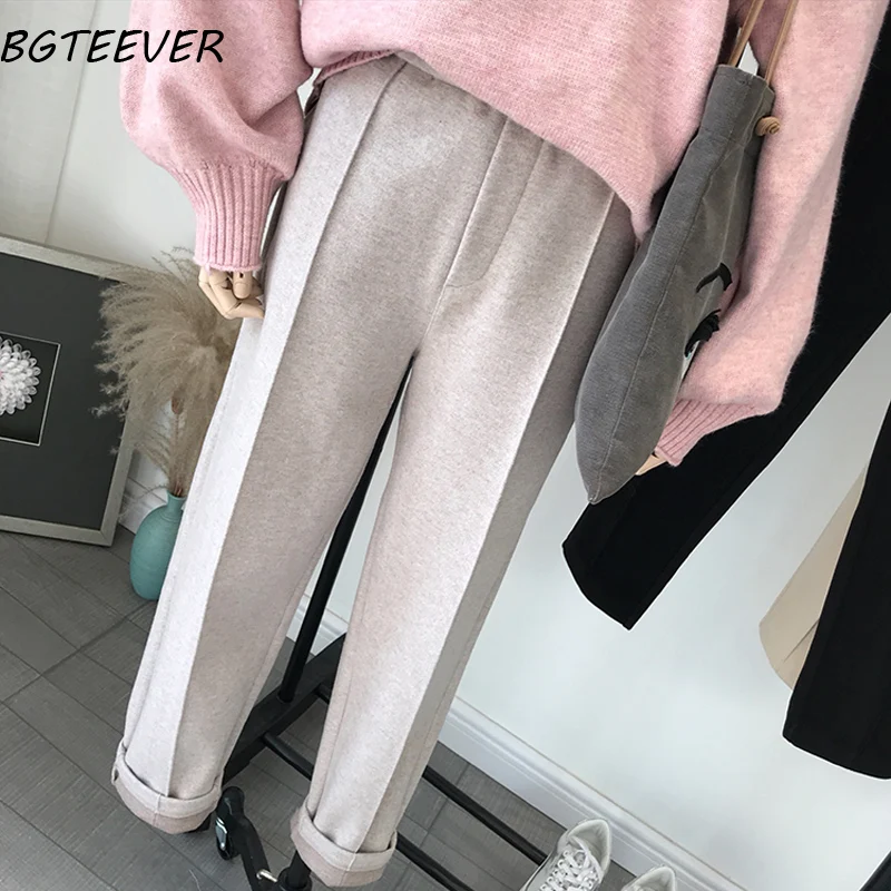 BGTEEVER зимние утепленные женские брюки-карандаш размера плюс, шерстяные женские брюки, осень, свободные брюки Капри с высокой талией, хорошая ткань