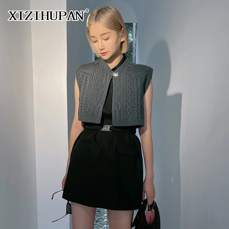 

XIZIHUPAN Elegant Colorblock Women's Suit Lapel Sleeveless Girdle Slim Mini Dress Detachable Knitted Shawl Female Suits 2021 New