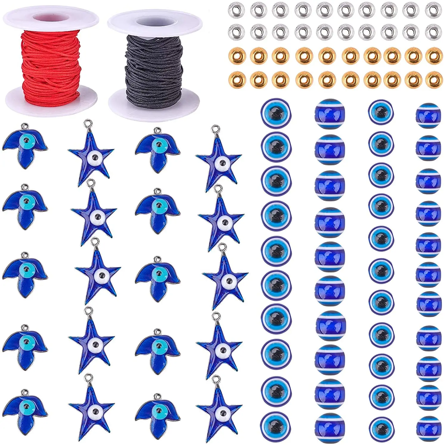 

210Pcs Evil Eye Charm Set 150Pcs Evil Eye Beads Evil Eye Pendant with Leaf Star & 2 Rolls Nylon Thread & 40Pcs Spacer Beads