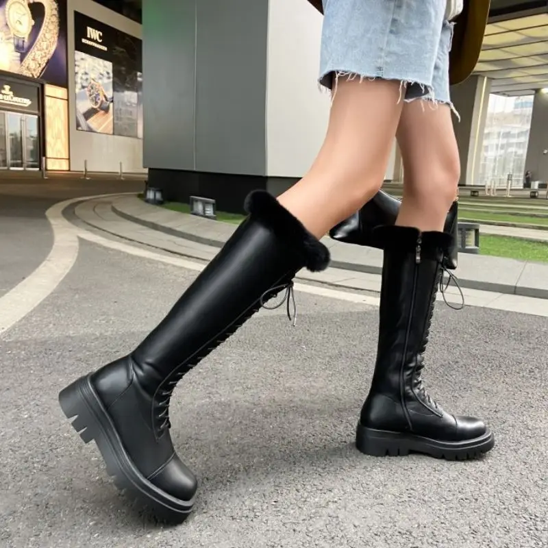 Женские сапоги до колена на платформе молнии с мехом Размеры 33-43 | Обувь