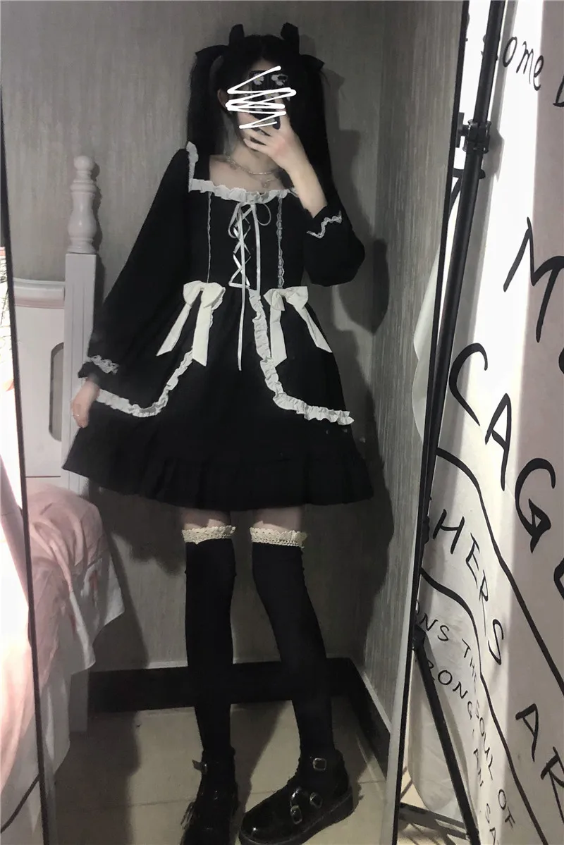 

Japanese Harajuku Lolita Dark Style Dress Vintage Square Collar Lace Sweety Ruffles Bandage Bow Full Sleeve Hepburn Black Dress