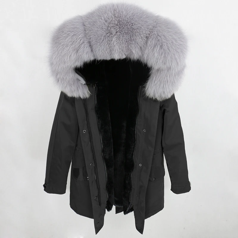 black grey black OFTBUY зимняя куртка Женская водонепроницаемая куртка из натурального меха длинная парка натуральный Лисий меховой капюшон, воротник верхняя одежда уличная Роскошная - Цвет: black grey black