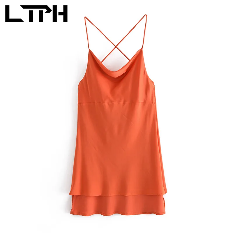 

LTPH sexy sleeveless camisole dress women vintage elegant Solid color satin Package Hip texture night dresses 2021 summer new