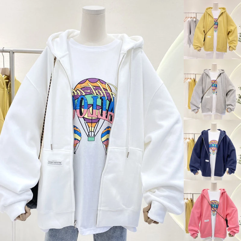 

Spring and Autumn Solid Color Thin Korean Style Loose Plus Zipper Cardigan Hoodie Women's Hoodie Tide Sweatshirt