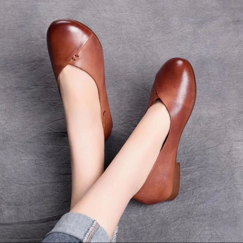 2021 New Genuine Leather Ballet Flats literary Retro Women Singles Shoes Woman Flat Heel Soft Sole Mother Shoes Lady Loafers Sho