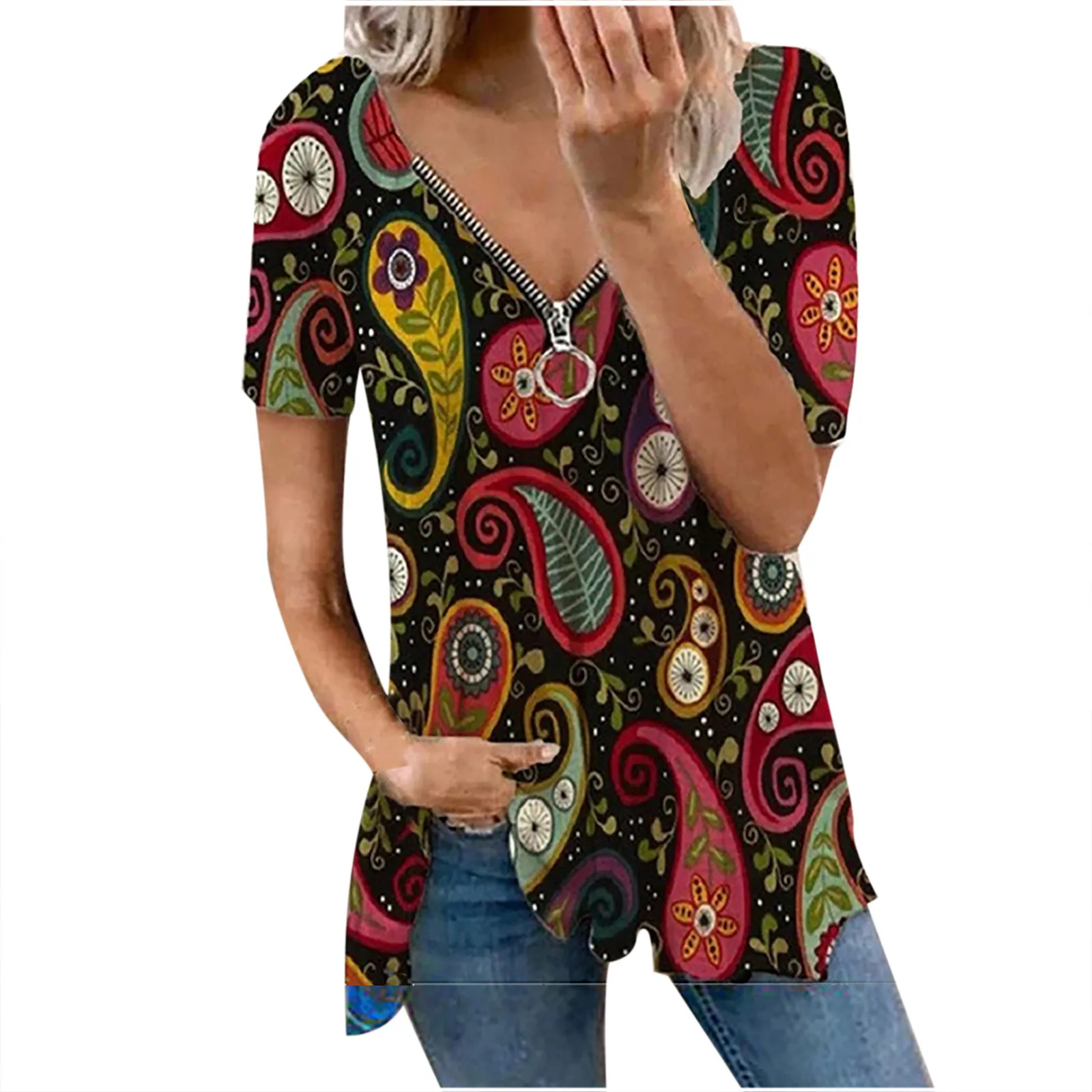 

Women's Plus Size T-shirt Fashion Short-sleeved Zipper V-neck Retro Printing Casual Loose Shirt T-shirt Top Xl-5xl Футболка