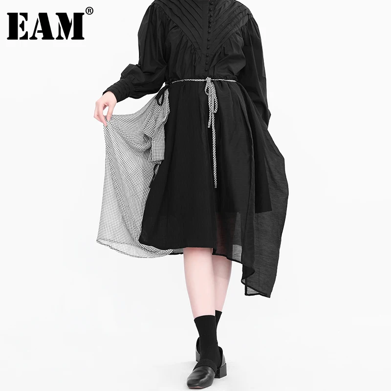 

[EAM] Женская Асимметричная Свободная юбка с высокой эластичной талией, черная клетчатая сетчатая юбка, весна-осень 2022, 1DD601601