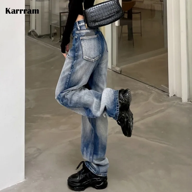 Karrram Korean Gradient Tie-dye Blue Jeans Women High Waist Loose Straight Jeans Vintage 90s Streetwear Baggy Grunge Denim Pants