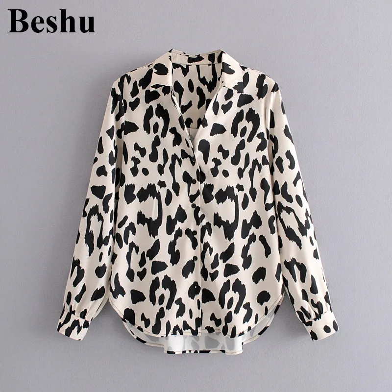 Za 2020 модная женская блузка бежевая с отворотом принтом однобортная неровным