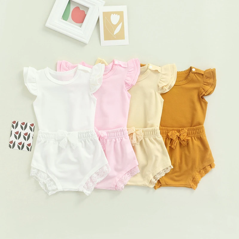 

Summer New Born Girls Romper Set Fly Sleeve Romper Bowknot Lace Patchwork Briefs Toddlers Girl Clohing Baby's Sets