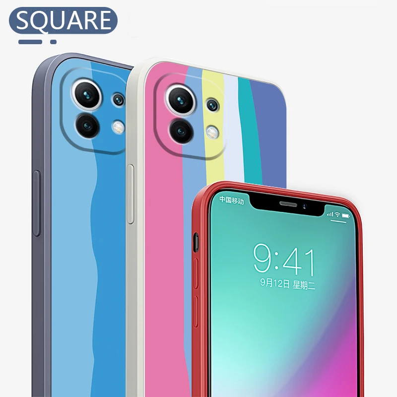 

Square Rainbow Soft Liquid Silicone Case For Xiaomi Mi 11 Ultra 10T Lite 10 9 8 Poco F3 M3 Redmi K40 9T Note 10 Pro Max 9S Cover