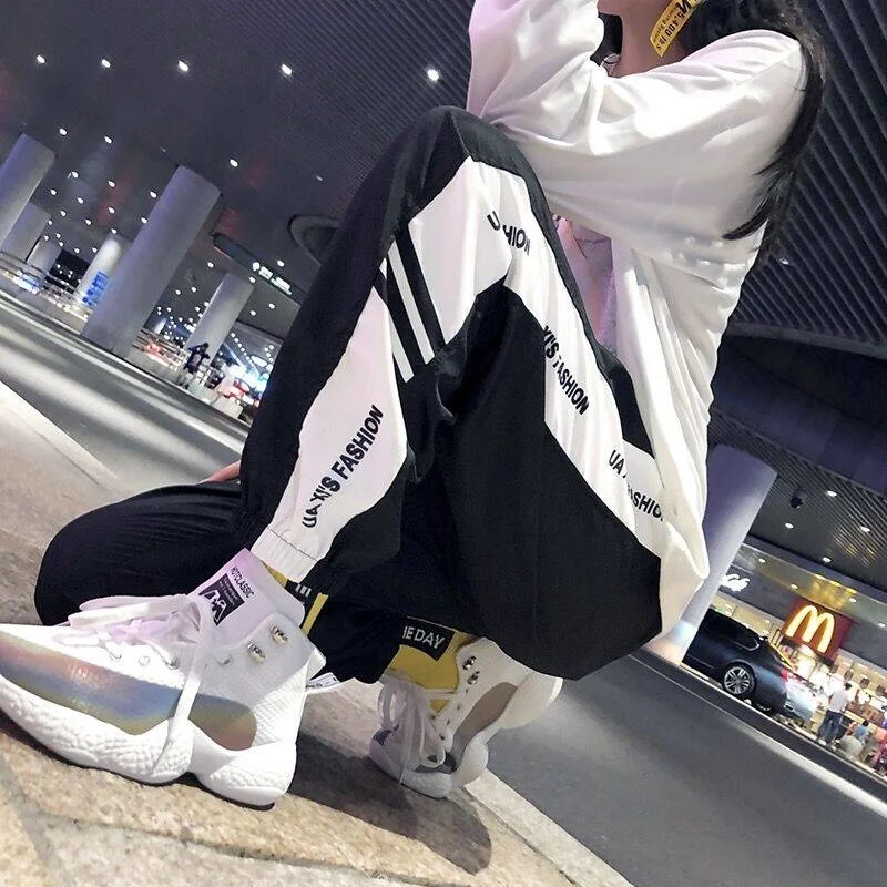 

New Casual Baggy Black Pants Women's Sweatpants Joggers Patchwork Striped Sweat Pants Print High Waist Trousers Streetwear Women