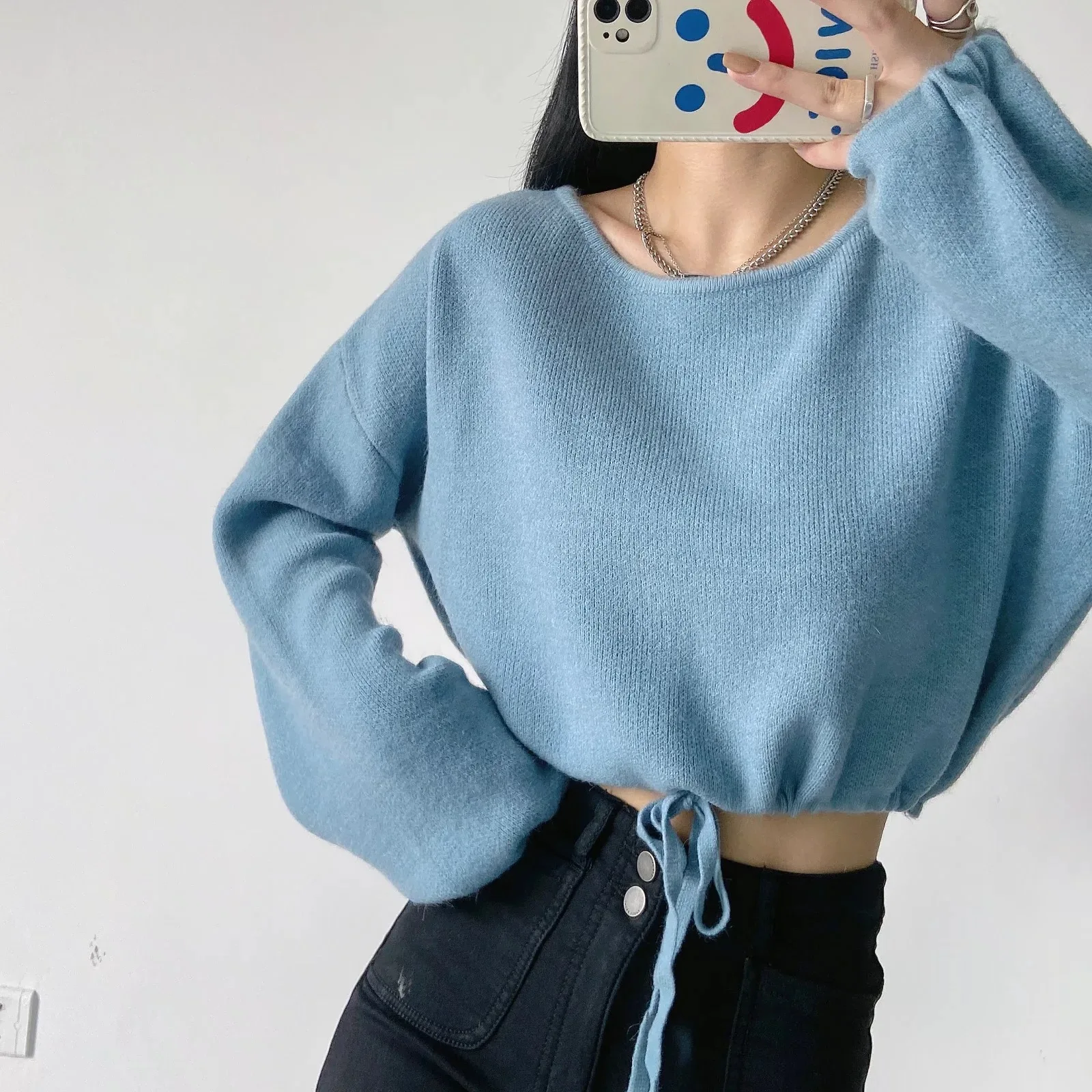 

Women's Drawstring O-Neck Sweater Long Sleeve Loose Lazy Style Lace Up Knitwear 2021 New Autumn Winter Solid Chic Female Jumper