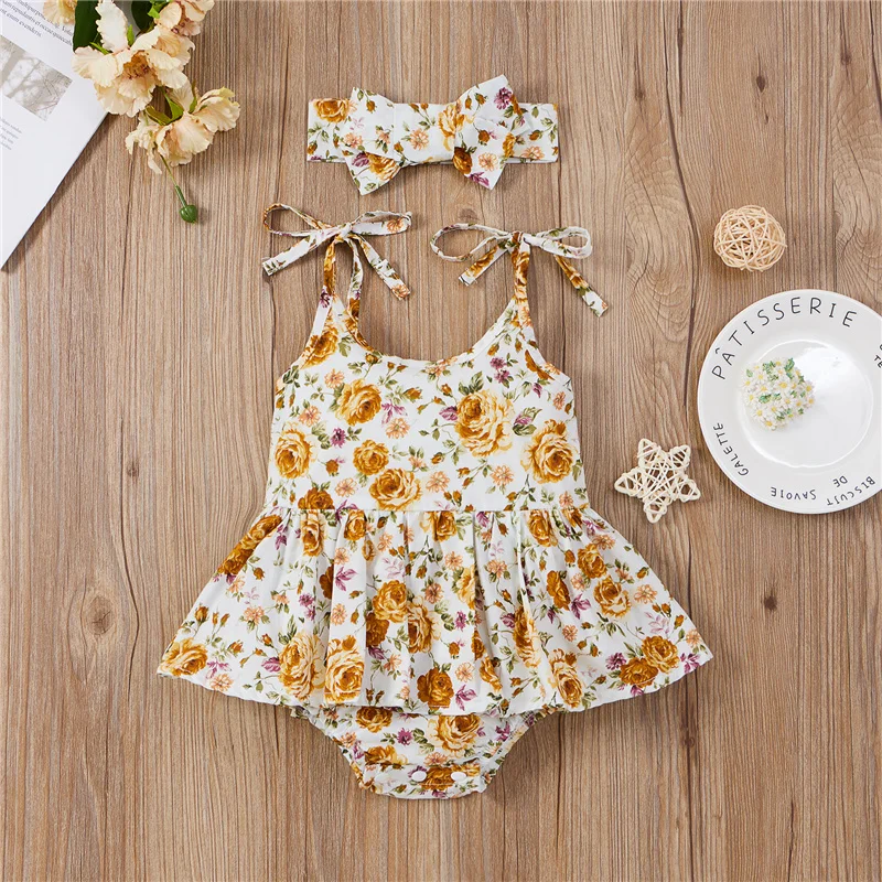 

2pcs 0-24Months Baby Girls Cotton Clothing Set,Kids Girls Summer Casual Cute Self Tie Strap Floral Tutu Romper with Headband Set