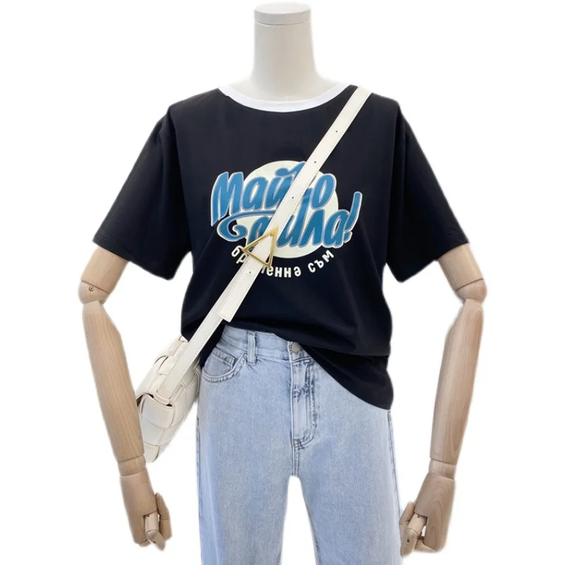 

Color Contrast Patchwork T Shirt Women's Spring and Summer Korean Versatile Letter Print Top Female Cotton Base T Shirt