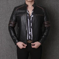 men motorcycle leather jacket genuine leather outerwear first layer cowhide leather short jacket skull pattern stand collar