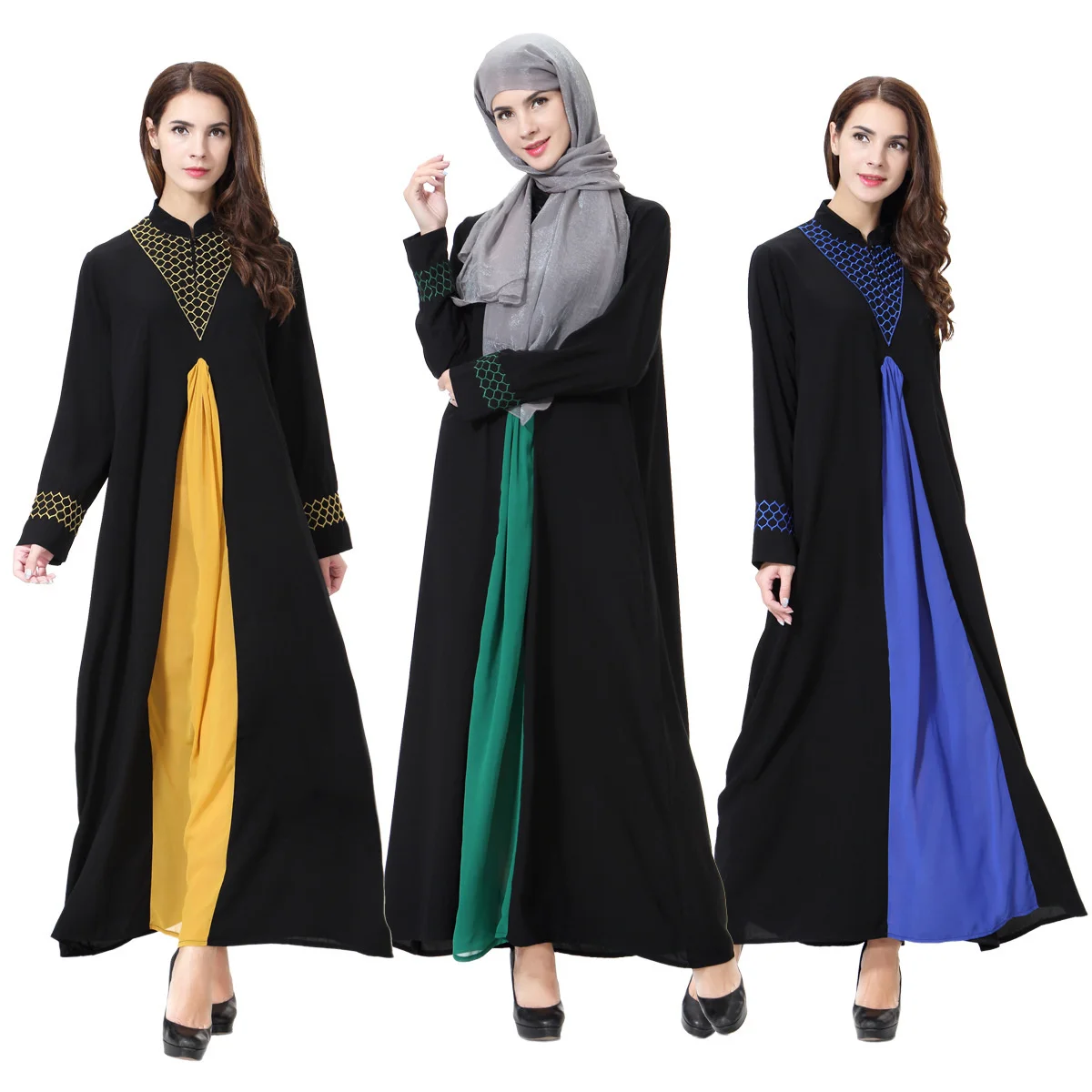 Мусульманское платье с воротником-стойкой и длинным рукавом, мусульманское женское однотонное платье, Арабский кафтан, женская одежда для ...