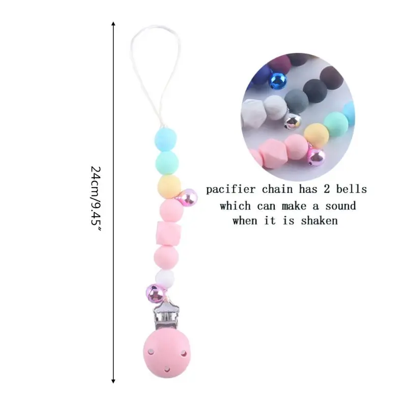 

Baby Pacifier Chain Clip with Bells Silicone Teether Teething Soother Molar Nipple Holder Infant Toy Shower Gift
