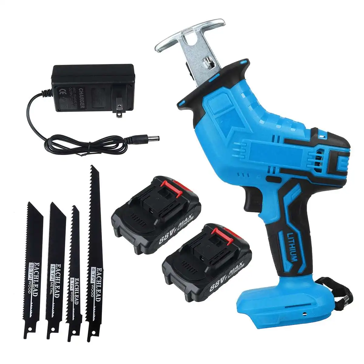 

Cordless Reciprocating Saw + 4 Saw Blades Metal Cutting Wood Tool Portable Woodworking Cutters with 1/2 Battery Charge for 18V