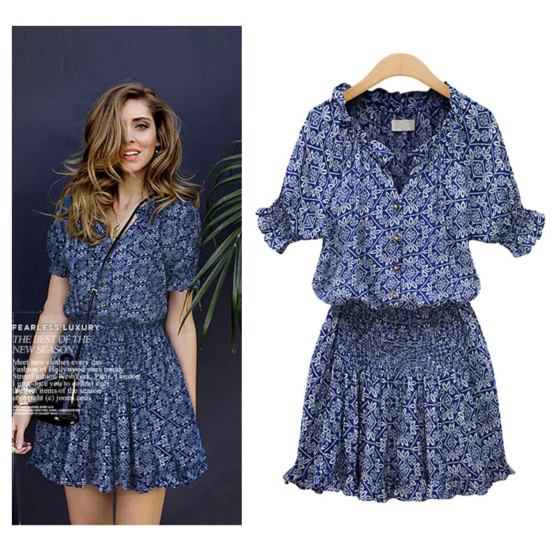 

Floral summer blue print V-neck short-sleeved dress