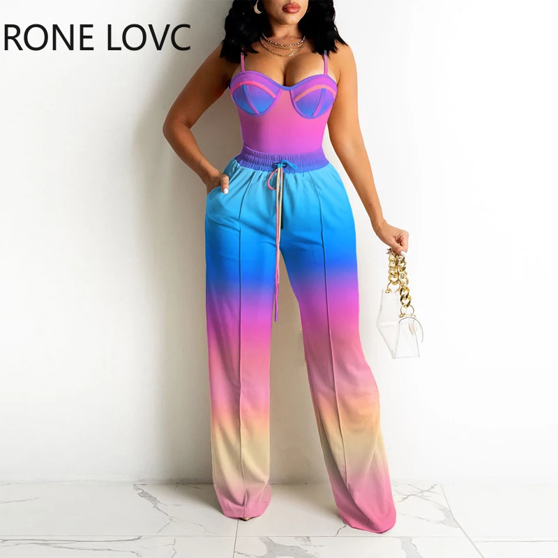 

Women Casual Cami Sleeveless Tie Dye Straight Leg Colorful Tape Sexy pants Sets