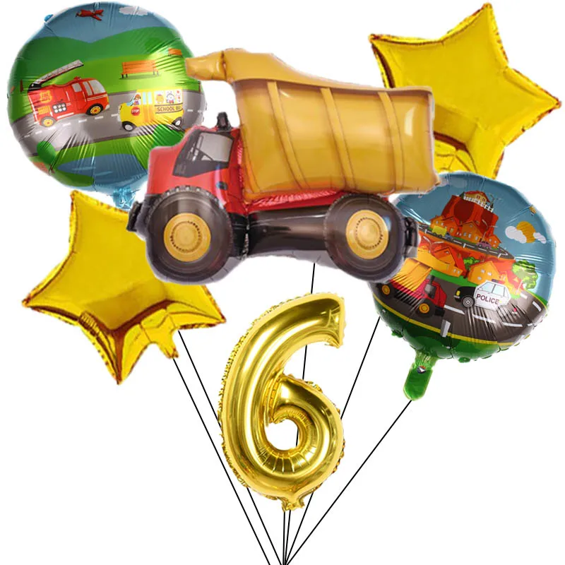 

6Pcs DIY Cartoon Car Balloons Fire Truck Car Foil Balloon Globos Children Gifts school bus Birthday Party Decorations balls